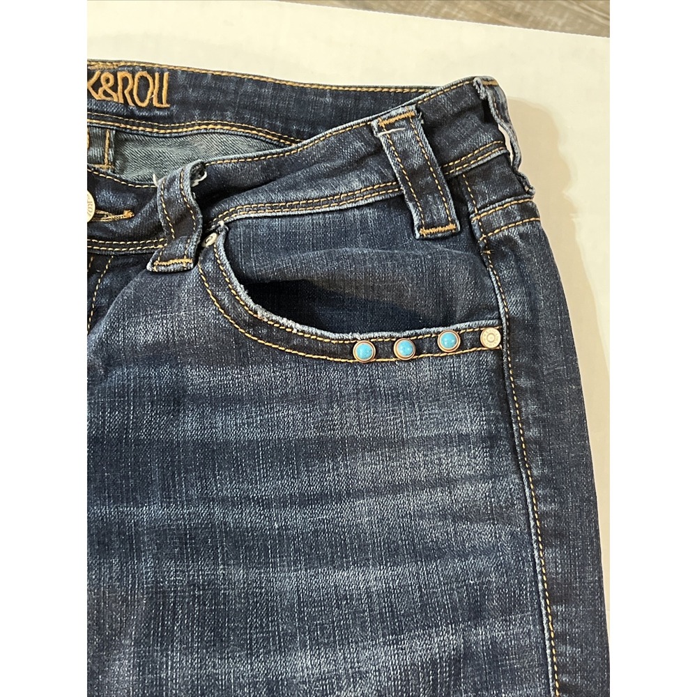 Rock & Roll Denim Western Cowgirl Trouser Women's 29 X 32 Jeans Turquoise Studs - Picture 3 of 16